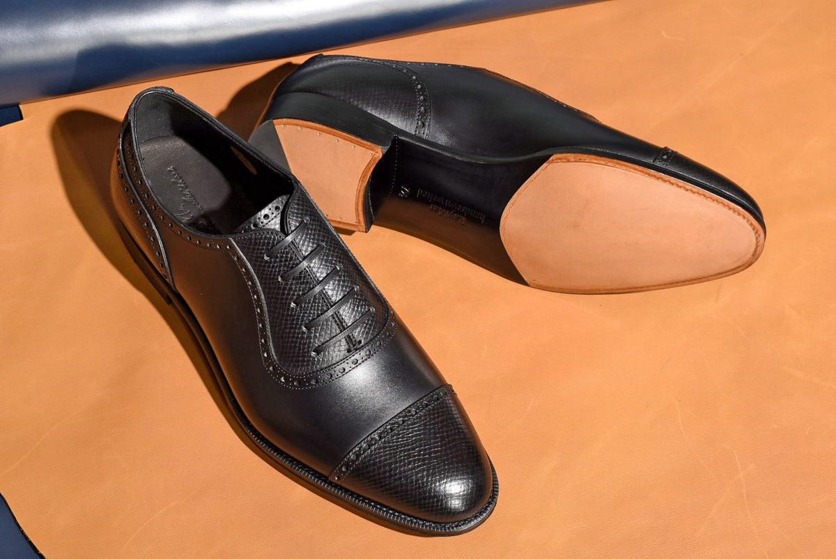 “Felix” Combination Adelaide, Black Dress Shoes, Horween Hatch Grain & Weinheimer Box calf, Hand welted, US size 5 1/2 ~ 11