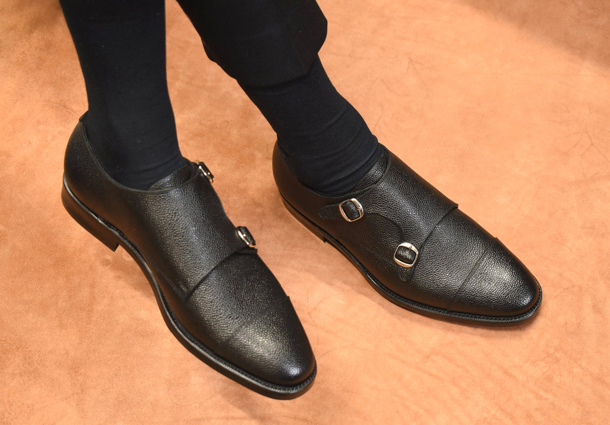 “Talia” Double Monk Strap, Black Dress Shoes, Grained Leather, Goodyear welted, US size 5 1/2 ~ 10
