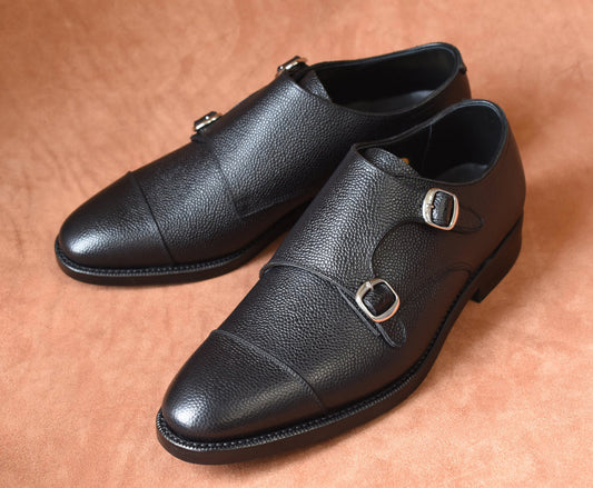 “Talia” Double Monk Strap, Black Dress Shoes, Grained Leather, Goodyear welted, US size 5 1/2 ~ 10